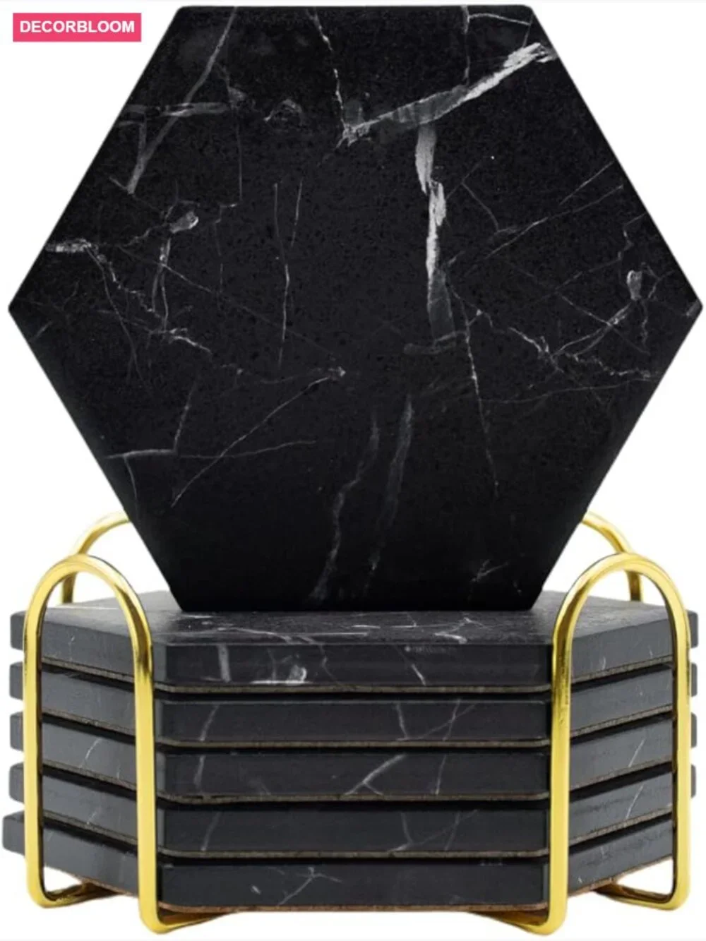 Hexagon Marble Coasters for Drinks with Gold Holder Set of 6 Absorbent Cork Base